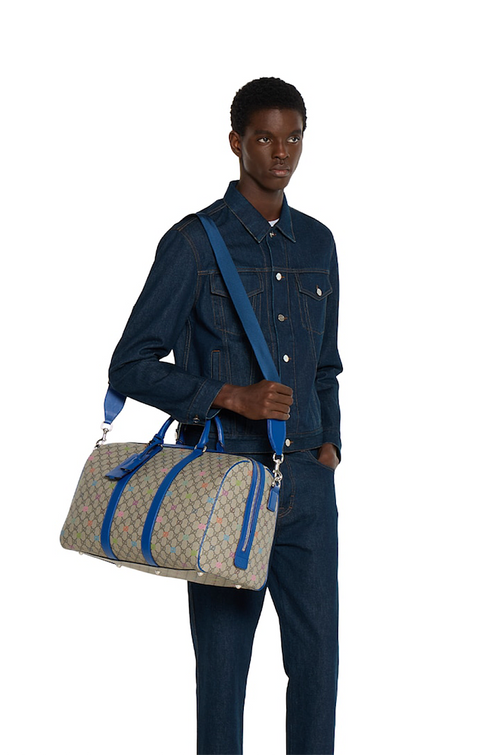 Gucci Ophidia GG Multicolor Supreme Duffel Bag with Blue Leather Trim
