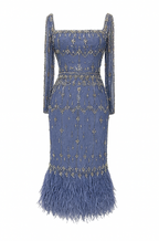 Auréole Bleu Feathered Beaded Gown