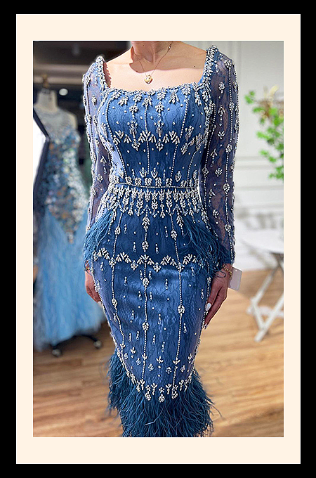 Auréole Bleu Feathered Beaded Gown