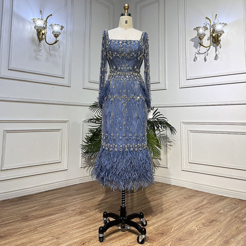 Auréole Bleu Feathered Beaded Gown