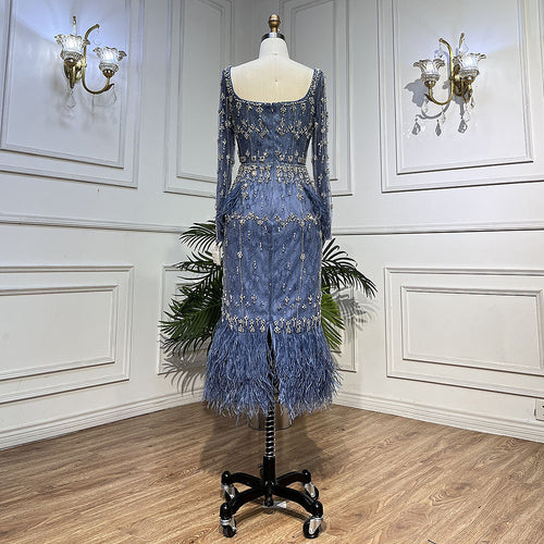 Auréole Bleu Feathered Beaded Gown