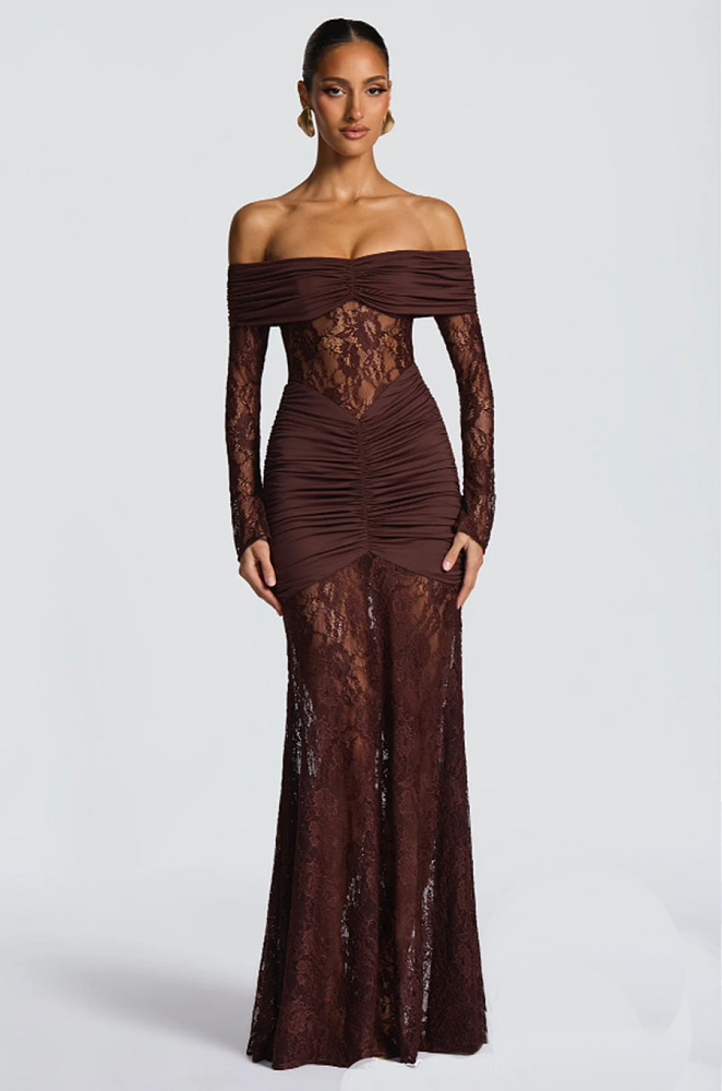 nocturne off the shoulder dress Fiolana Off-Shoulder Lace Maxi Dress – Long Sleeve Ruched Occasion Gown for Eveningwear, Party Outfits and Wedding Guest Looks, Brown / L(UK-12/14)