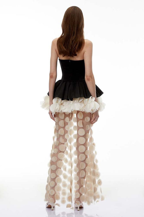 Maison Pétale Column Dress – Sculpted Peplum Gown in Noir & Ivory