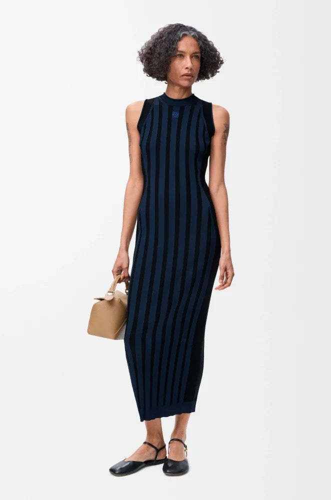 loewe striped mini dress dupe LOEWE Women's Ribbed Bodycon Maxi Dress - Navy Blue