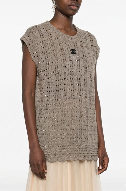 Chanel Open-Knit CC Embellished Tunic Top