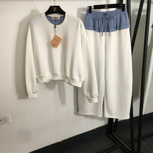 Miu Miu White Lounge Set with Blue Check Waistband