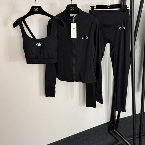 Alo Luxe Black Activewear Trio Set (Bra, Jacket & Leggings)
