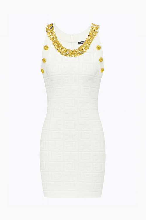 Balmain Sequin-Embellished Logo Mini Dress (White, S–L)
