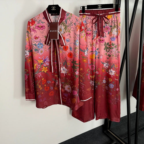 Gucci Silk Floral Pajama Set with Bow-Tie Blouse