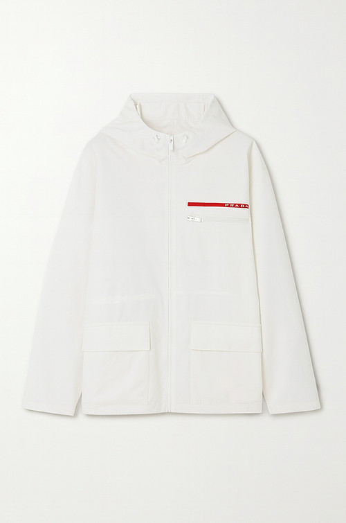 Prada White Technical Hooded Jacket with Logo Stripe
