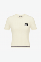 Miu Miu Ivory Ribbed Knit Logo Tee