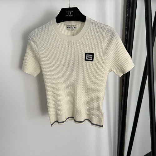 Miu Miu Ivory Ribbed Knit Logo Tee