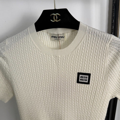 Miu Miu Ivory Ribbed Knit Logo Tee
