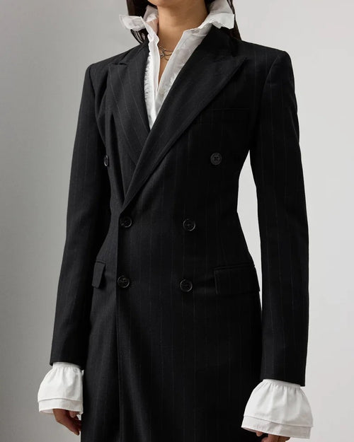 Pinstripe Power Double-Breasted Longline Blazer Coat