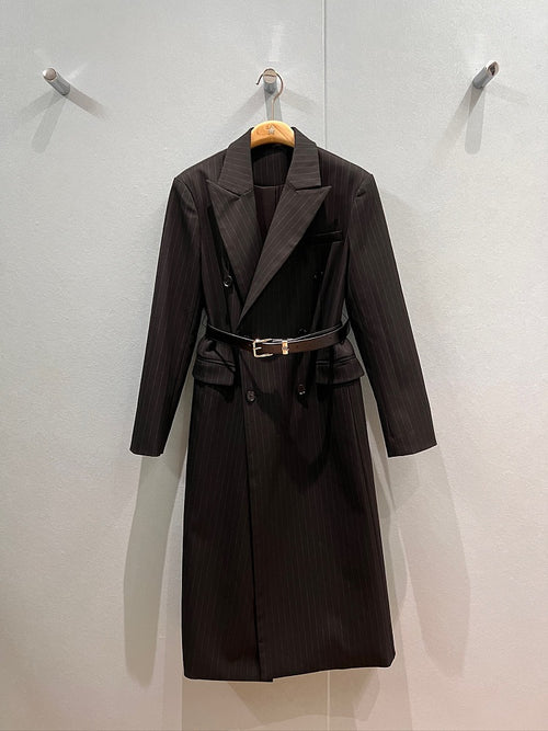 Pinstripe Power Double-Breasted Longline Blazer Coat
