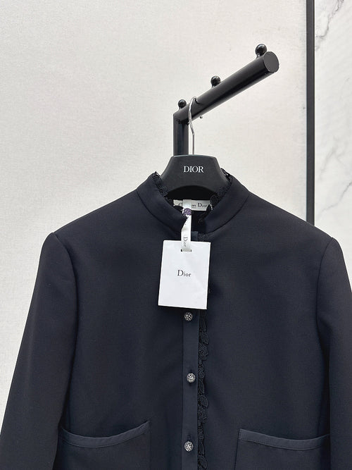Dior Noir Cropped Jacket with Lace-Trim Mandarin Collar