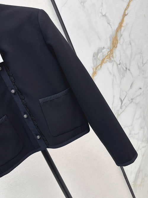 Dior Noir Cropped Jacket with Lace-Trim Mandarin Collar