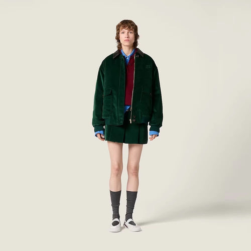 Miu Miu Emerald Corduroy Bomber Jacket with Leather Collar