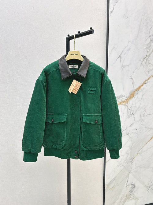 Miu Miu Emerald Corduroy Bomber Jacket with Leather Collar