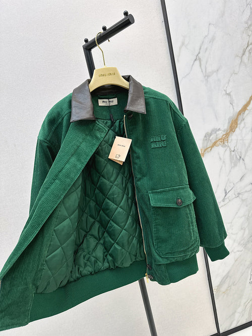 Miu Miu Emerald Corduroy Bomber Jacket with Leather Collar
