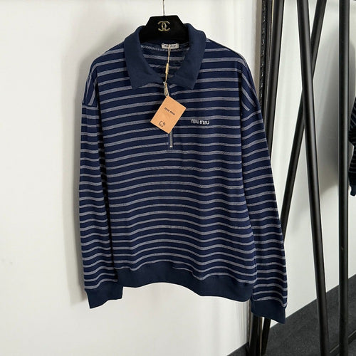 Miu Miu Striped Half-Zip Polo Sweatshirt – Navy Edition