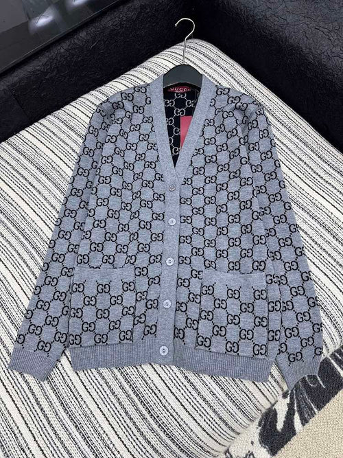 Gucci Monogram Intarsia Knit Cardigan – Grey
