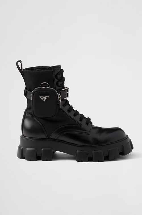 Prada Monolith Leather Combat Boots with Removable Pouch – Black