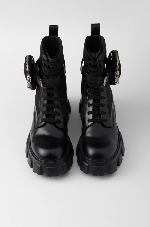 Prada Monolith Leather Combat Boots with Removable Pouch – Black
