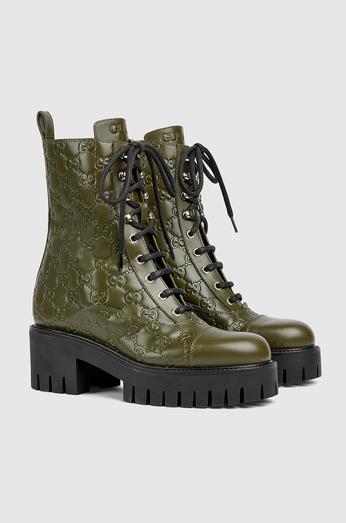 Gucci GG Embossed Combat Boots – Olive Green