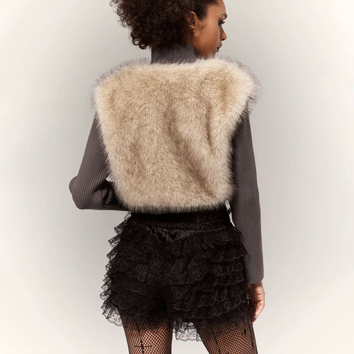 Cappotto di Pelliccia Écru” Cropped Knit Cardigan with Plush Faux-Fur Paneling