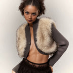 Cappotto di Pelliccia Écru” Cropped Knit Cardigan with Plush Faux-Fur Paneling