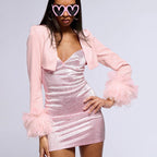 “Rosé Plume Bolero” Cropped Blazer with Feather-Cuff Sleeves