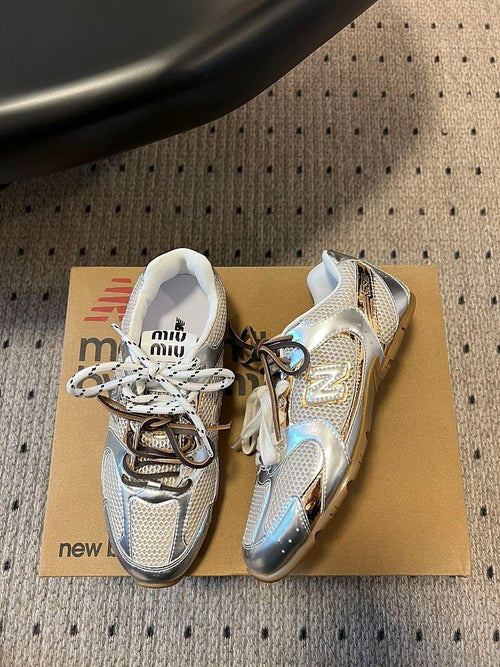 Miu Miu x New Balance Metallic Mesh Sneakers – Silver & Gold Edition (EU 36–44)
