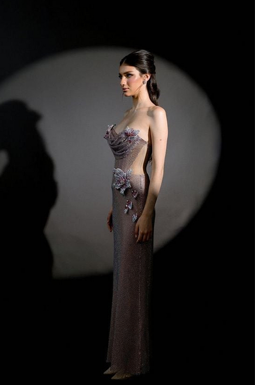 “Fioritura Notturna” Crystal Bloom Illusion Gown with Sculpted Cut-Out Detail (S–L)