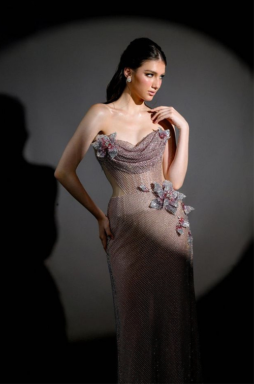 “Fioritura Notturna” Crystal Bloom Illusion Gown with Sculpted Cut-Out Detail (S–L)