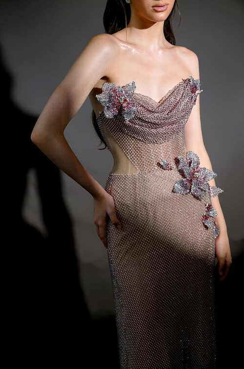 “Fioritura Notturna” Crystal Bloom Illusion Gown with Sculpted Cut-Out Detail (S–L)