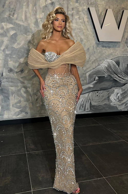 “Lustre Divin” Champagne Crystal Corset Gown with Draped Tulle Bust (S–L)