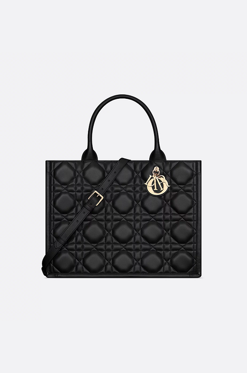 "Dior Toujours Medium Tote” Black Cannage Quilted Leather with Gold-Tone Charms on