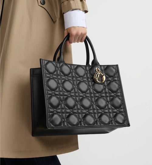 "Dior Toujours Medium Tote” Black Cannage Quilted Leather with Gold-Tone Charms on