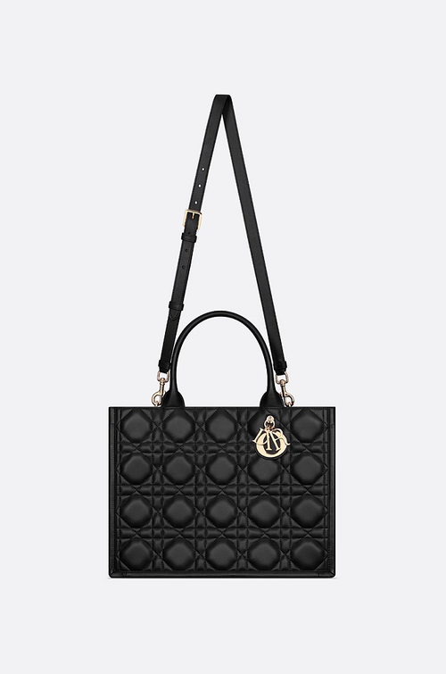 "Dior Toujours Medium Tote” Black Cannage Quilted Leather with Gold-Tone Charms on