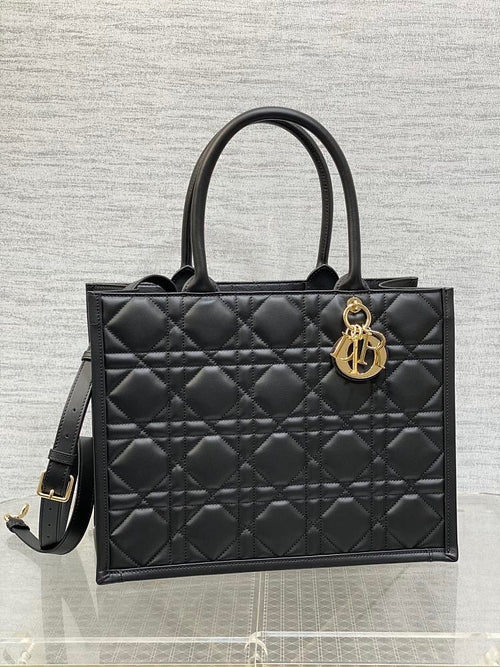 "Dior Toujours Medium Tote” Black Cannage Quilted Leather with Gold-Tone Charms on