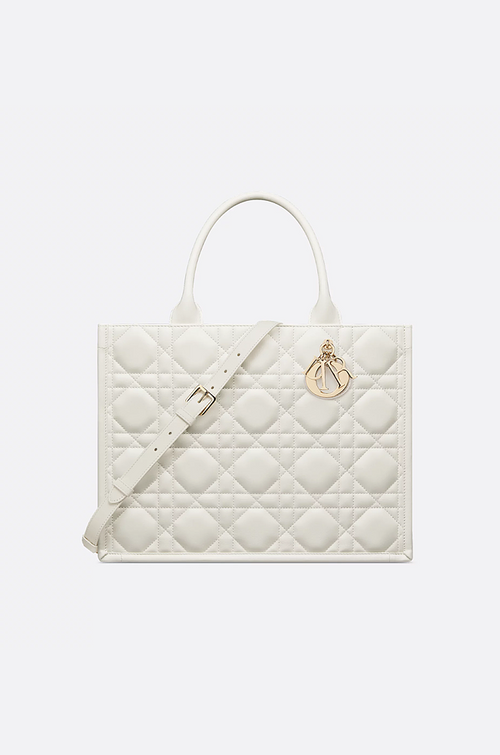 Maison Dior “Cannage Élégance” Large White Quilted Leather Tote with Gold Charms