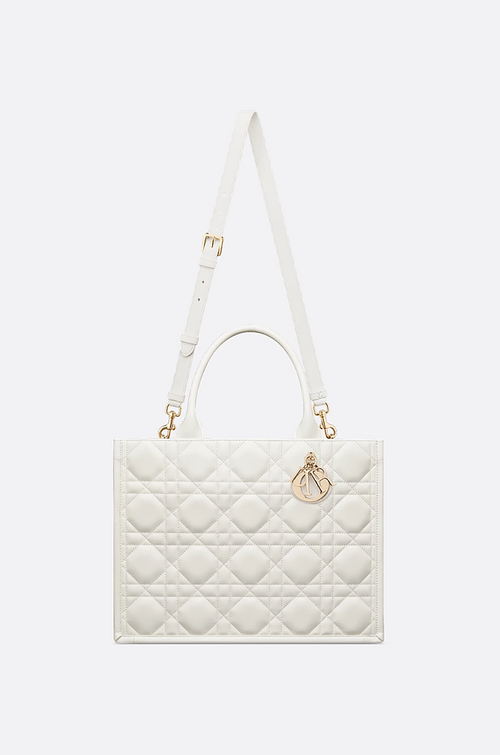 Maison Dior “Cannage Élégance” Large White Quilted Leather Tote with Gold Charms