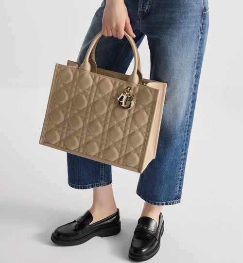 Dior Medium Cannage Nuance Leather Book Tote with Gold Charm (Beige)