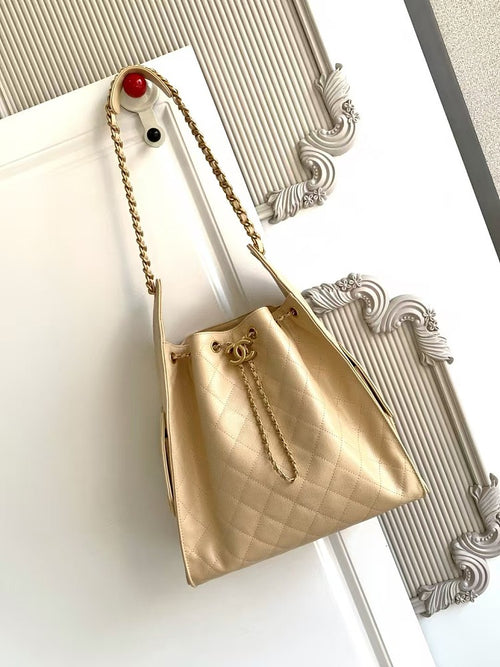 Chanel 22 Hobo Drawstring Tote Bag – Beige Quilted Calfskin with Gold-Tone Hardware