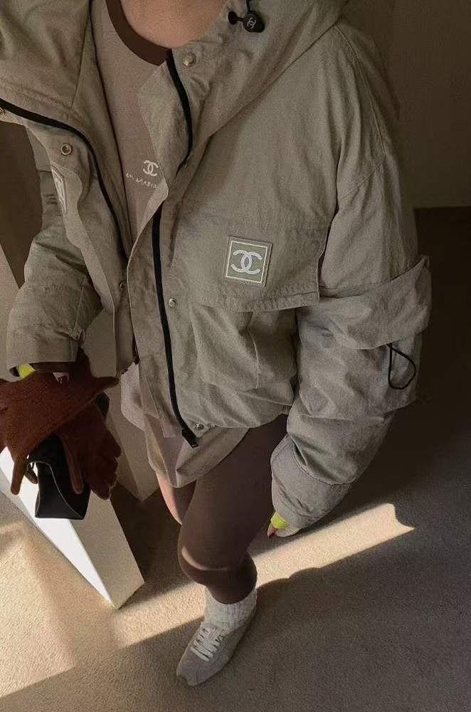 CHANEL Hooded Utility Jacket with CC Patches – Khaki Beige – LUXE