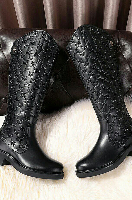 Gucci Équestre Noir Knee Boots – Monogram Embossed Calfskin Leather
