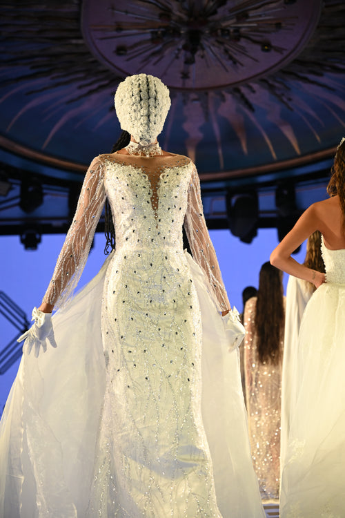 “Empress” Crystal-Embellished Off-Shoulder Gown with Regal Draped Trains