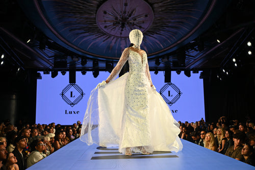 “Empress” Crystal-Embellished Off-Shoulder Gown with Regal Draped Trains