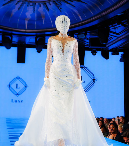 “Empress” Crystal-Embellished Off-Shoulder Gown with Regal Draped Trains